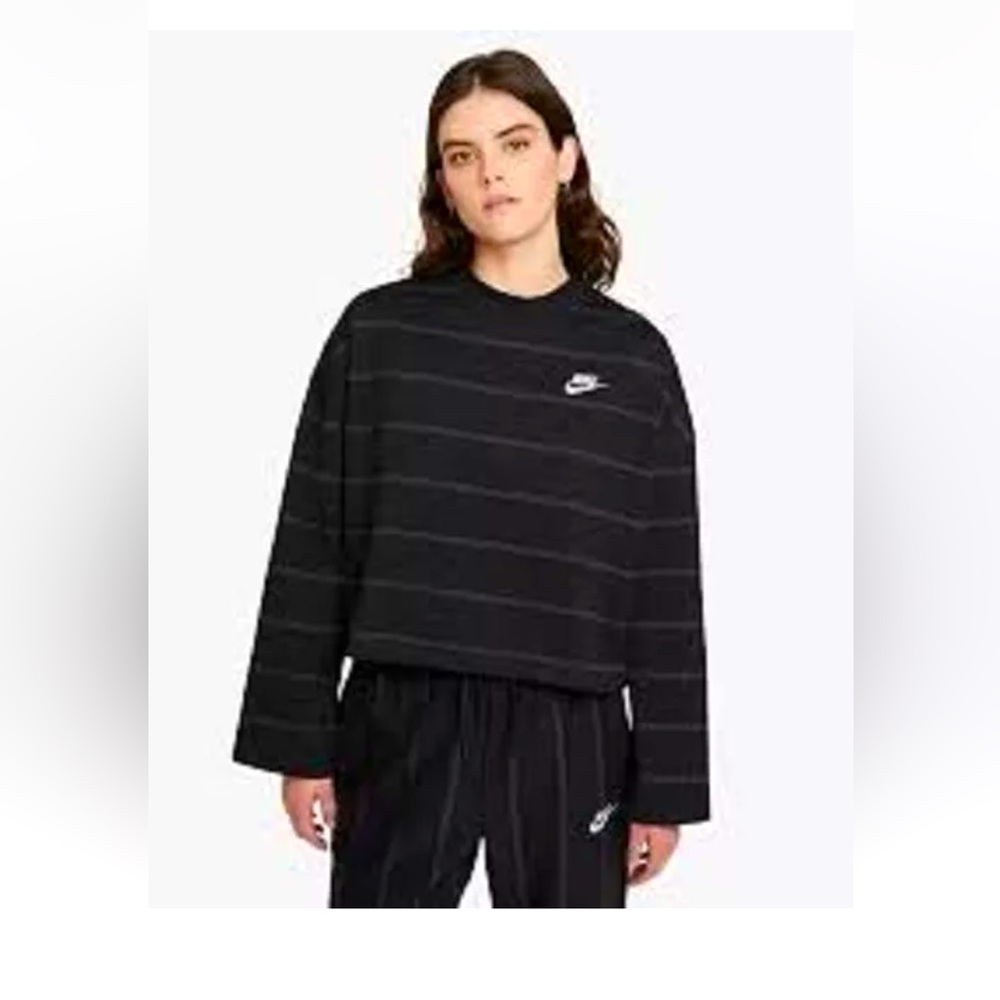NIKE long sleeve thick cotton womens crop top black/gray horizontal stripe small - Picture 1 of 9